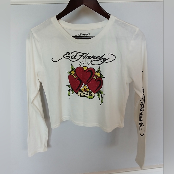 Ed Hardy Rhinestone Hearts natural long sleeve crop t-shirt, size L - Picture 3 of 4